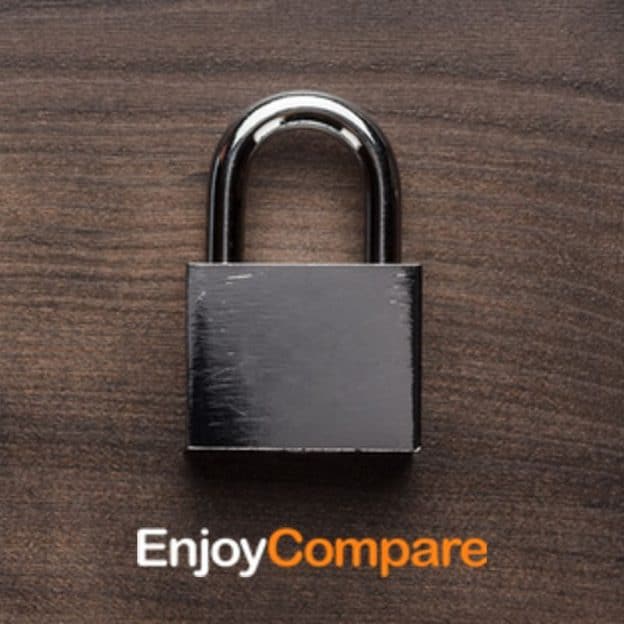 Padlock wooden background with EnjoyCompare logo for VPN security